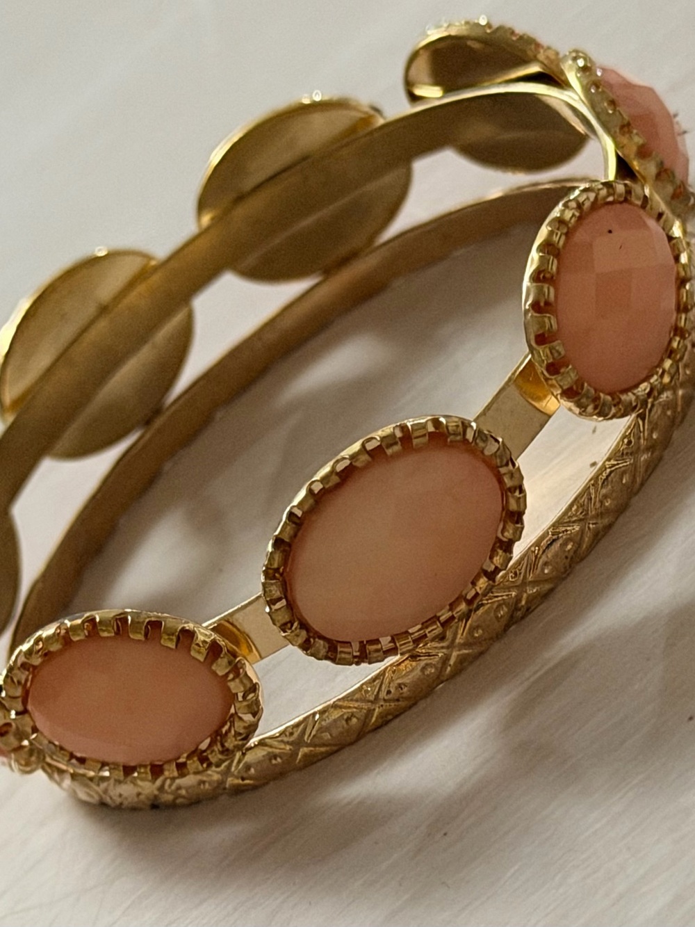 Stacked 2 Gold and Pink Oval Women's Bangle Bracelets  Boho Hippie Everyday